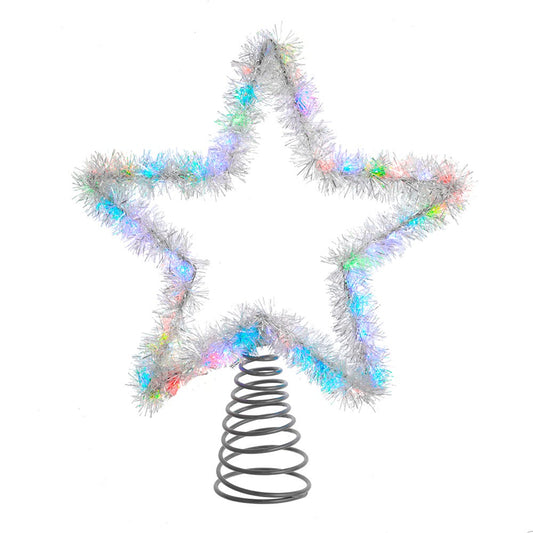 Color Changing LED Silver Tinsel Star Treetop - 12 Inch