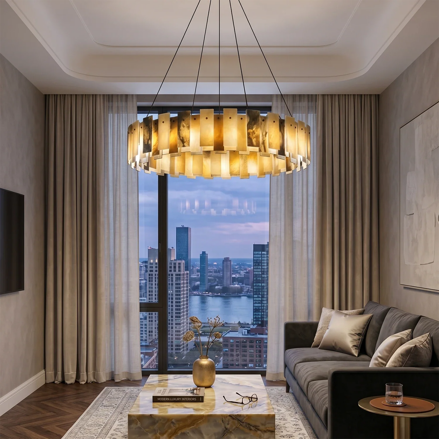 Tobacco-Hued Alabaster Chandelier