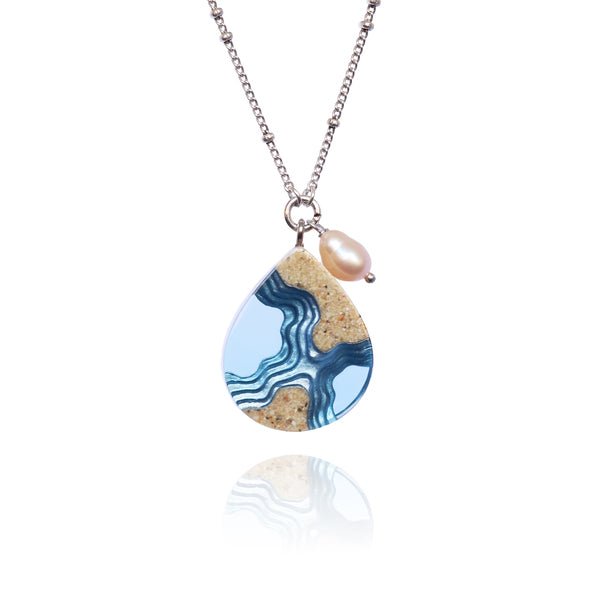 Tombolo Necklace – Aqua & Ultramarine Resin with Freshwater Pearl