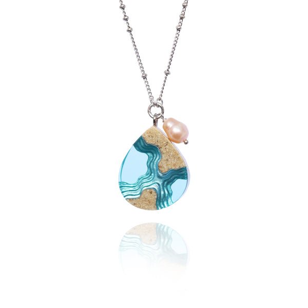 Tombolo Necklace – Aqua & Ultramarine Resin with Freshwater Pearl