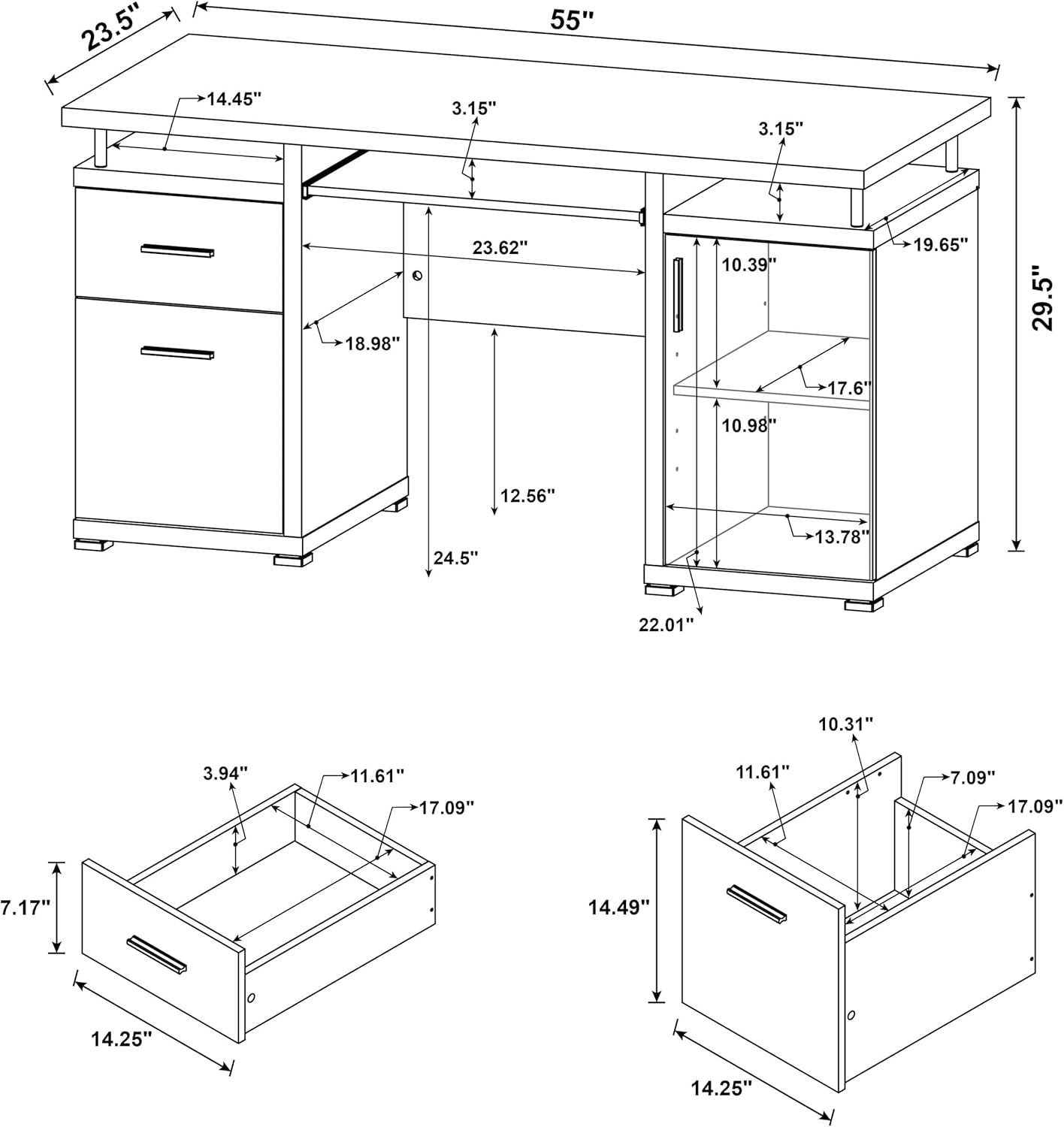 55 Inch Modern Wood Desk With 2 Drawers For Home Office
