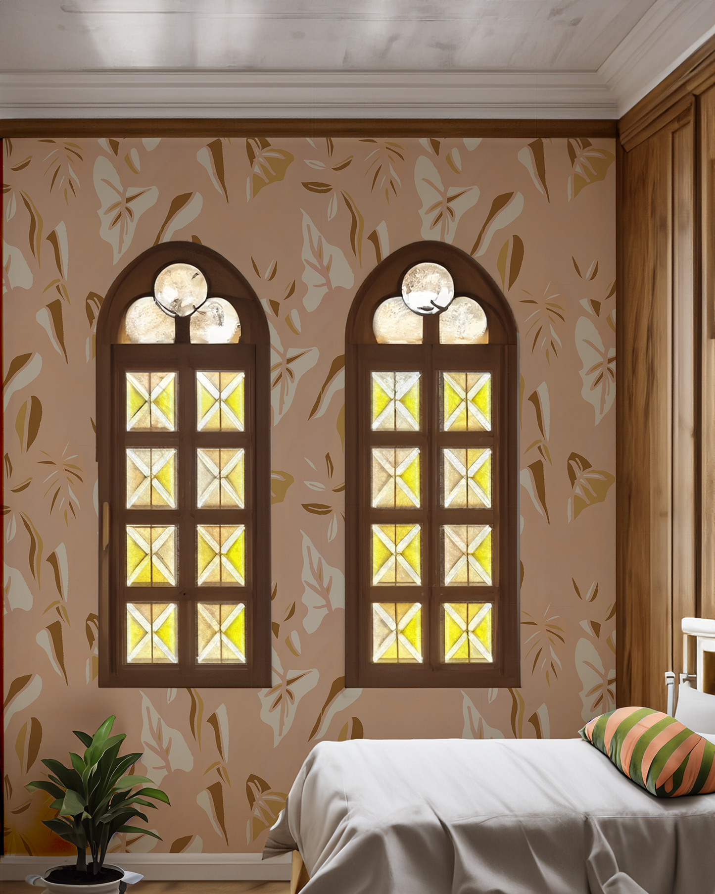 Block Print Foliage Wallpaper, peach and mustard