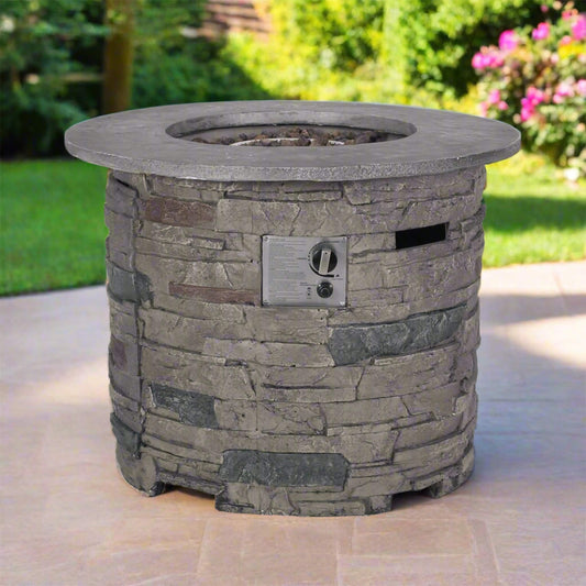 32" Transitional Outdoor Concrete Round Propane Fire Pit Table, Gray (SAK48268)