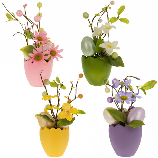 Set of 4 Colorful Spring Flowers with Easter Eggs 7 Inches