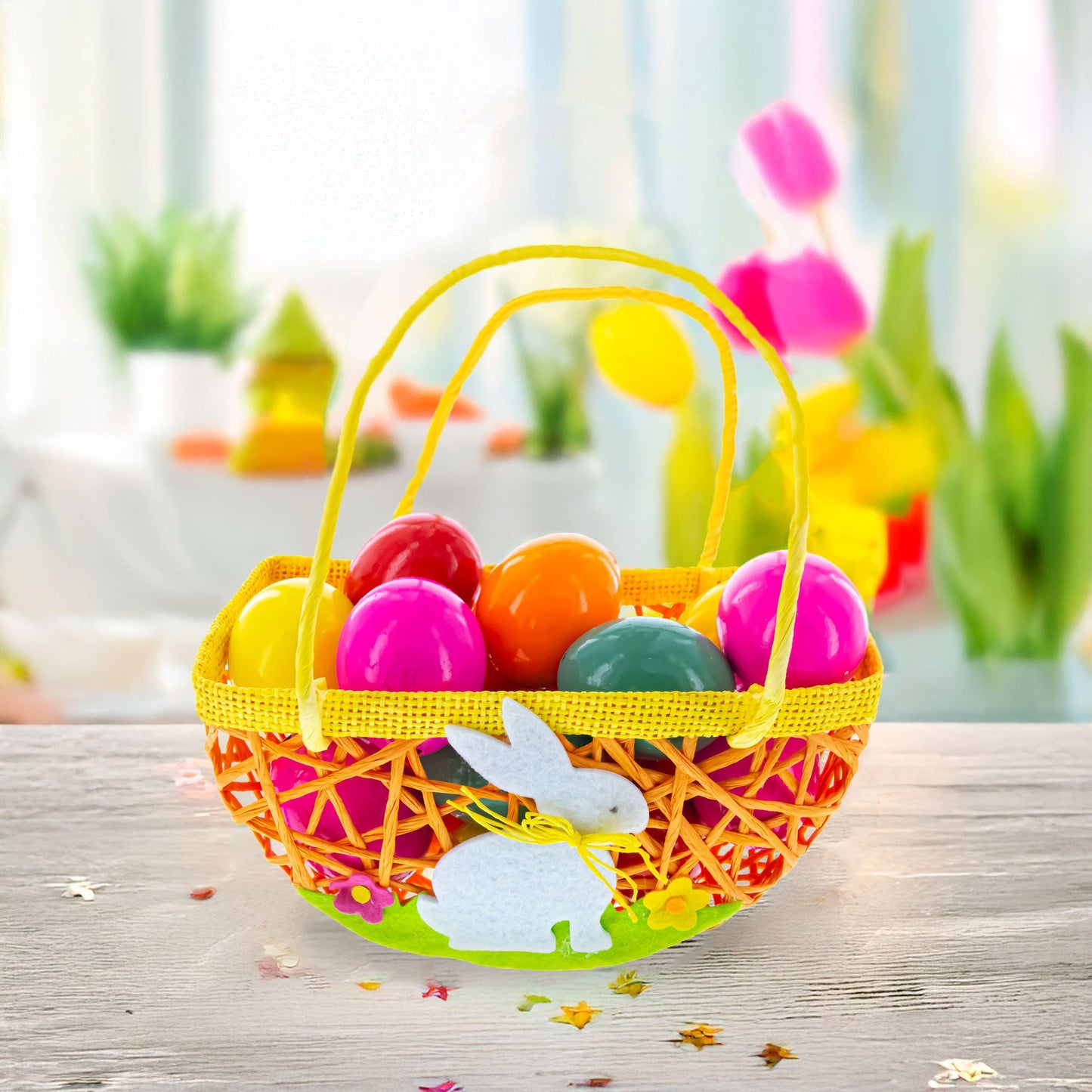 Set of 2 Easter Baskets with White Bunny and Flowers