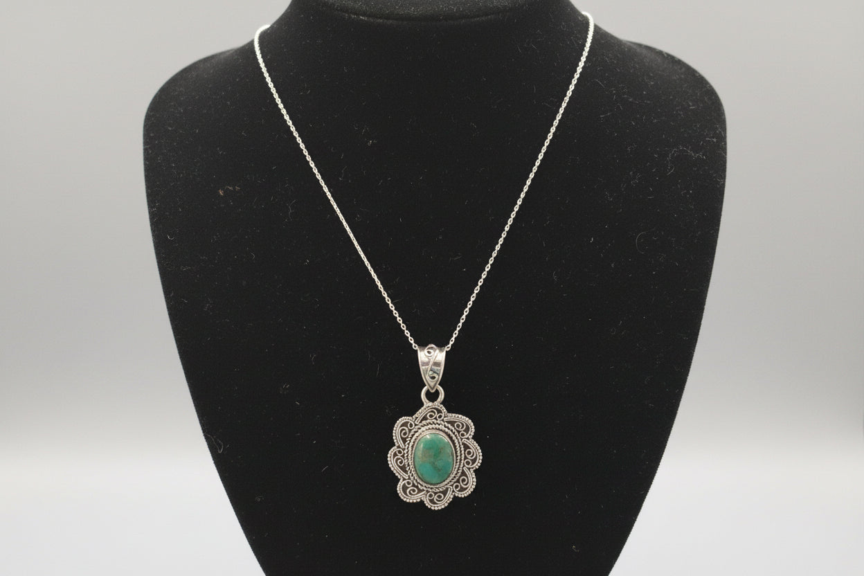 Sterling Silver Turquoise Oval Floral Pendant – Coastal Statement Jewelry
