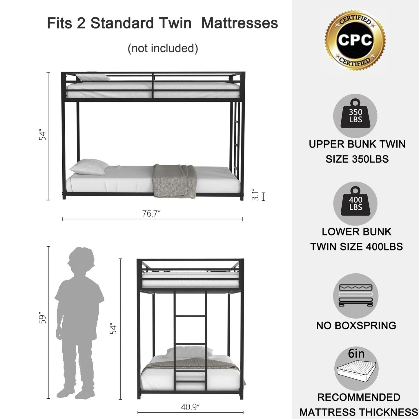 Twin Over Twin Metal Bunk Bed for Kids, ASTM Certified with Guardrails | Just Better Bunk Beds