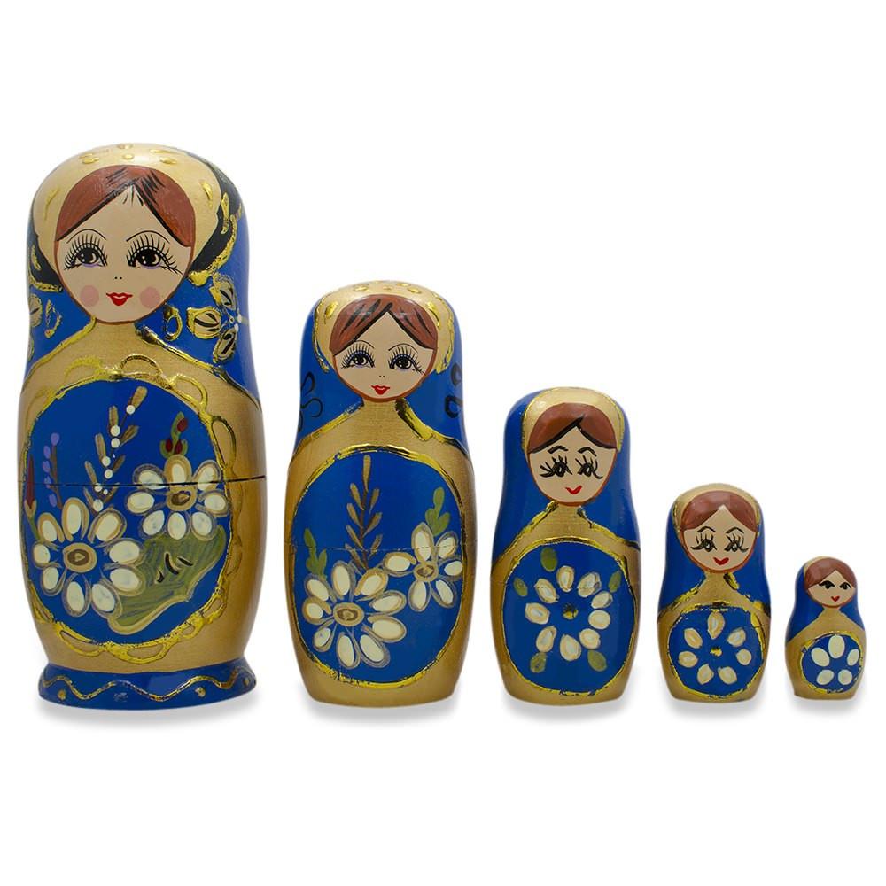 Set of 5 White Flowers on Blue Nesting Dolls 6.5 Inches