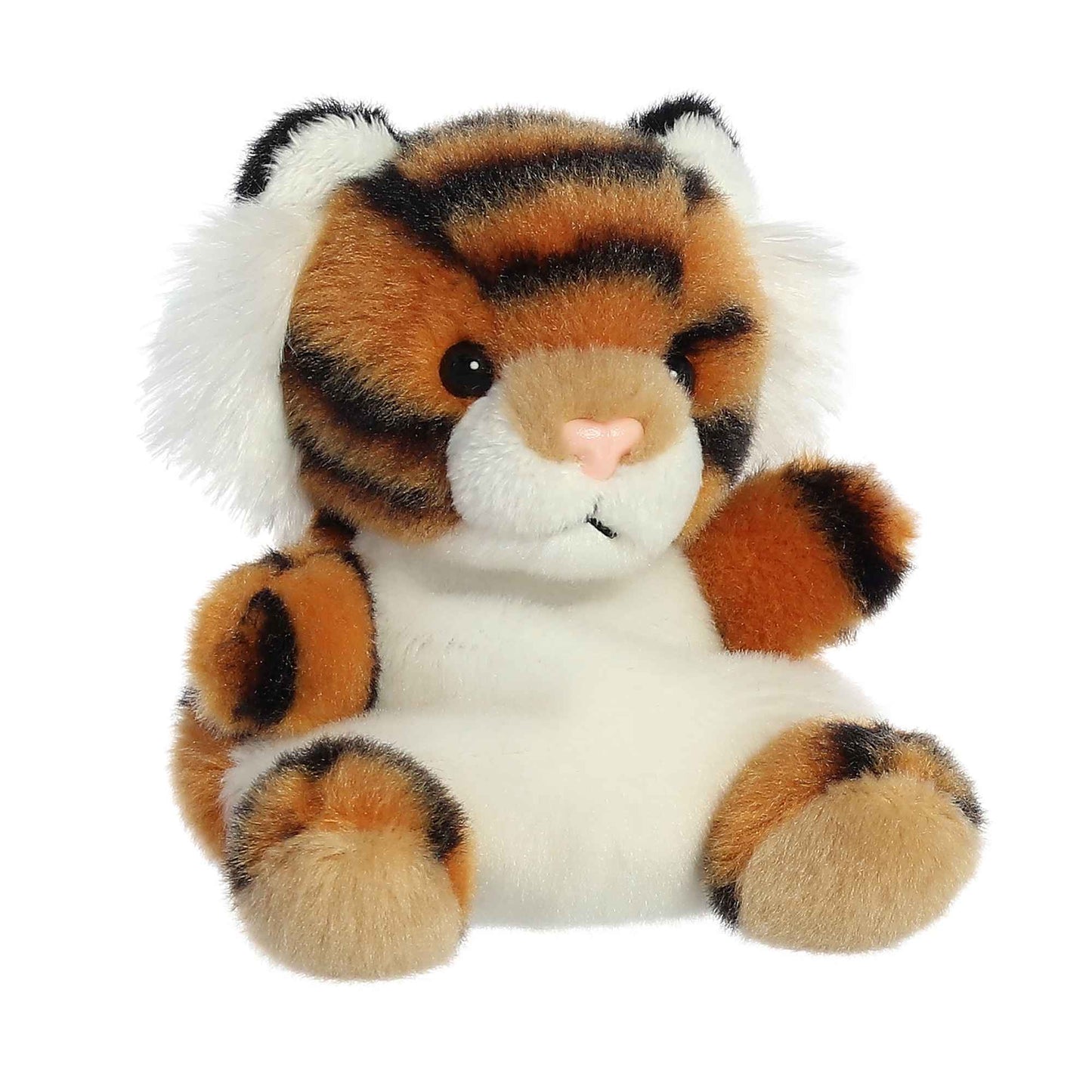 Indy Tiger Palm Pal plush toy with a fluffy texture, sitting and smiling, perfect for adventures and companionship.