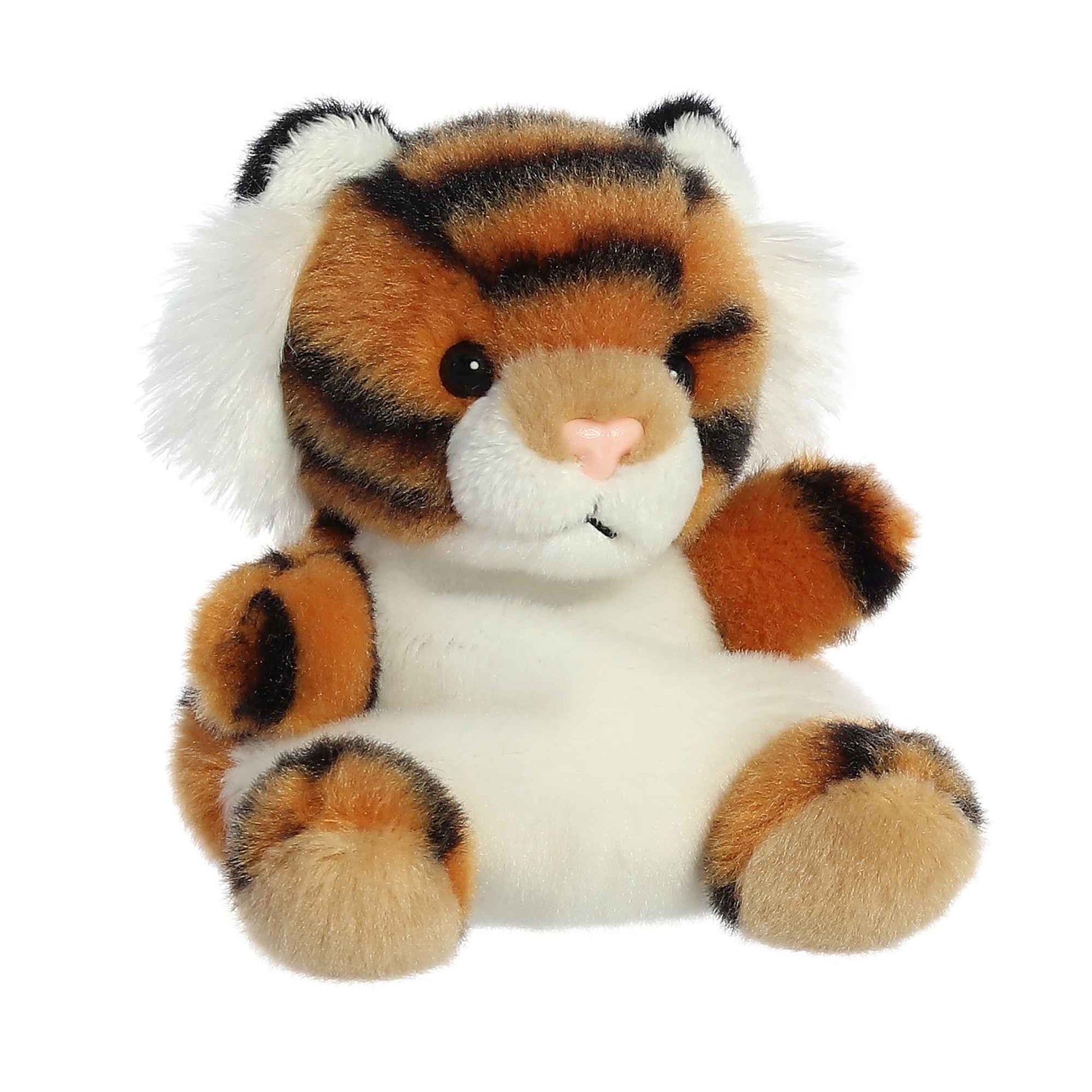 Indy Tiger Palm Pal plush toy with a fluffy texture, sitting and smiling, perfect for adventures and companionship.