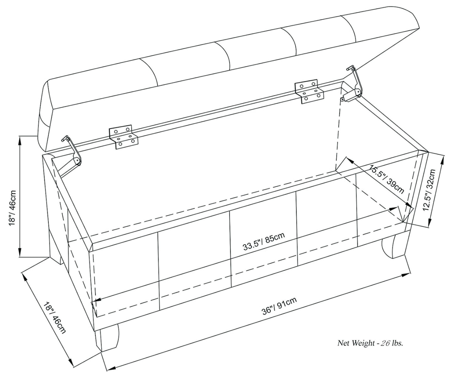 Dover 36 Inch Wide Storage Ottoman Bench in Stone