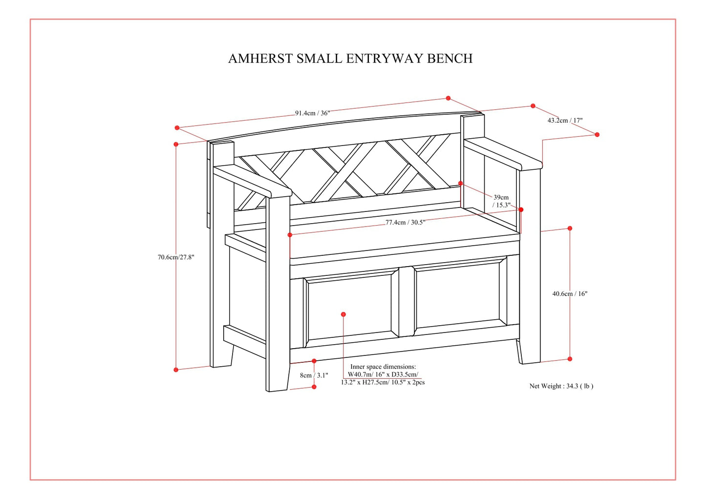 Amherst Solid Wood 36 inch Wide Transitional Entryway Storage Bench