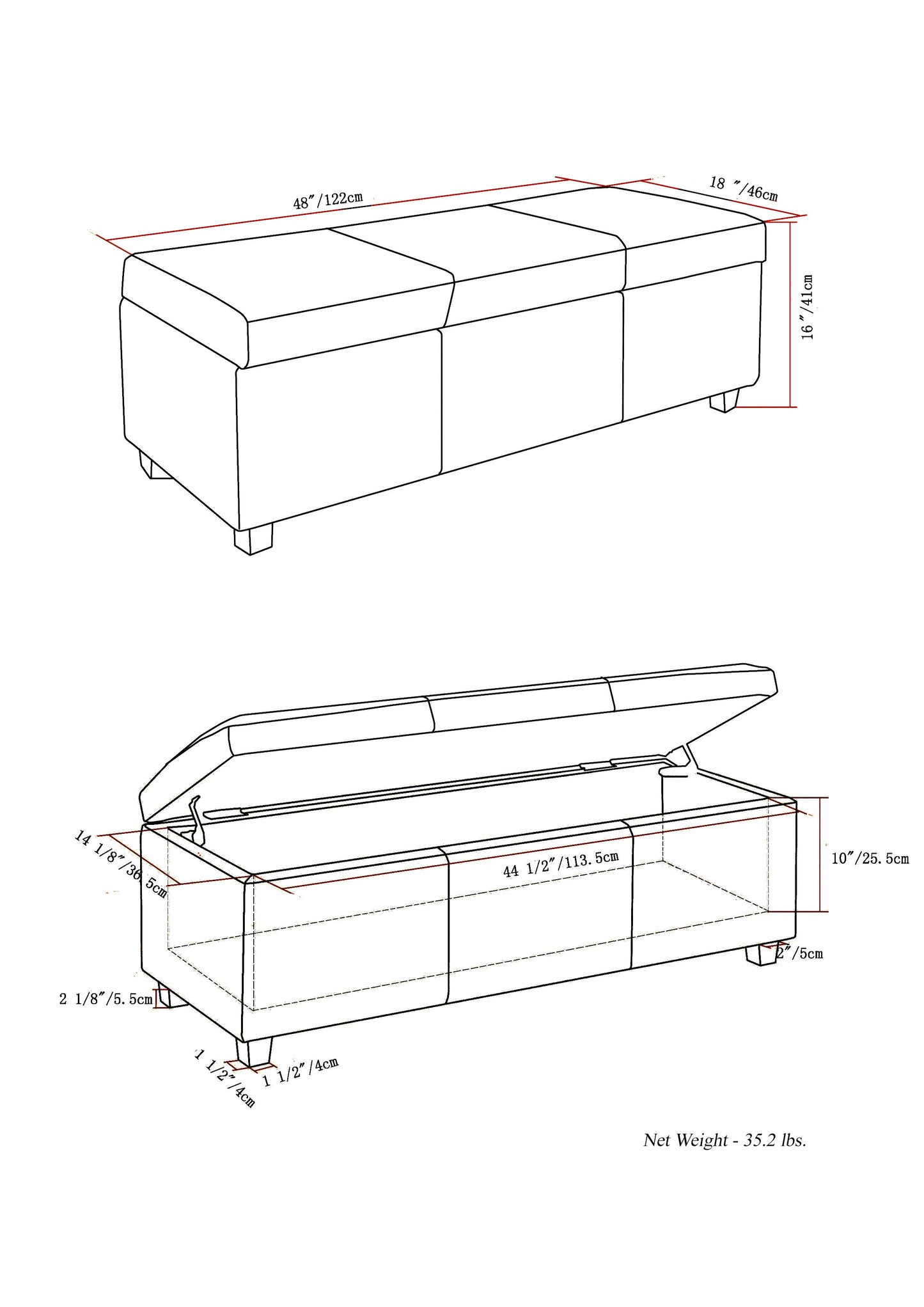 Avalon 48 Inch Wide Storage Ottoman Bench in Distressed