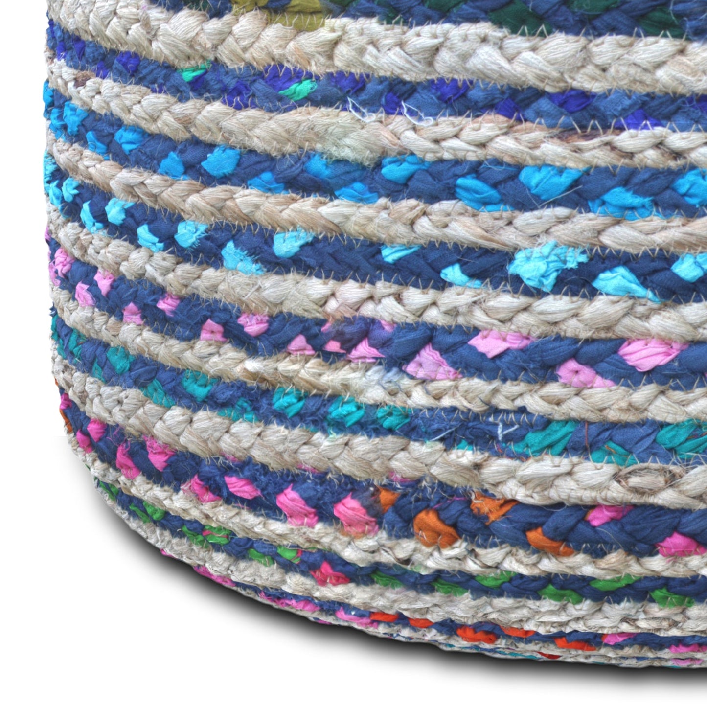 Margo 20 Inch Wide Round Pouf in Multi-Blue Handwoven Jute and Cotton