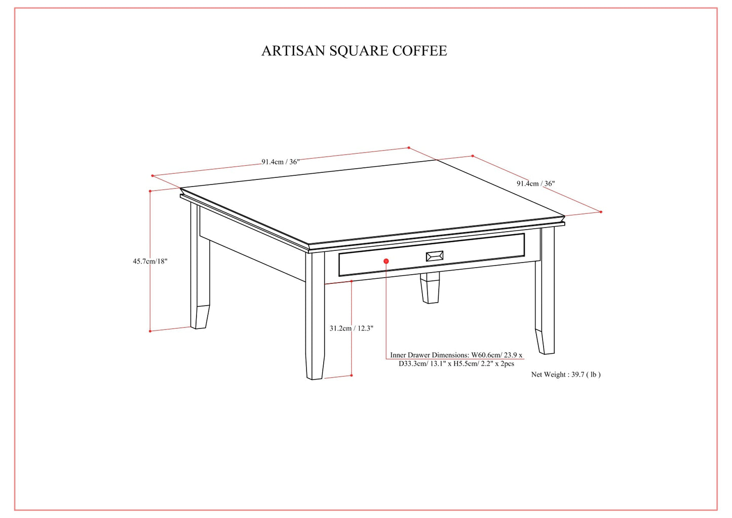 Artisan 36 Inch Wide Solid Wood Square Coffee Table in Russet