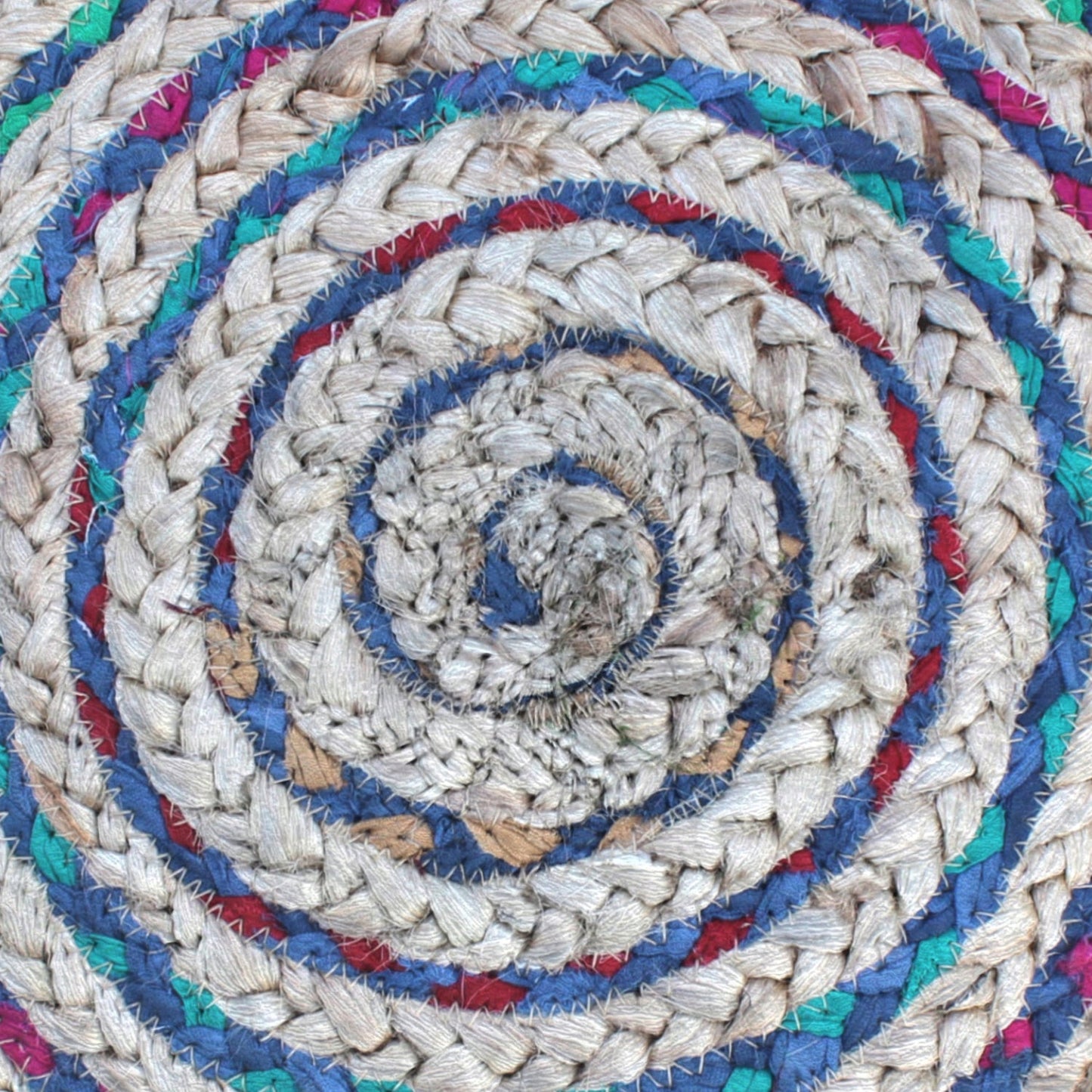 Margo 20 Inch Wide Round Pouf in Multi-Blue Handwoven Jute and Cotton