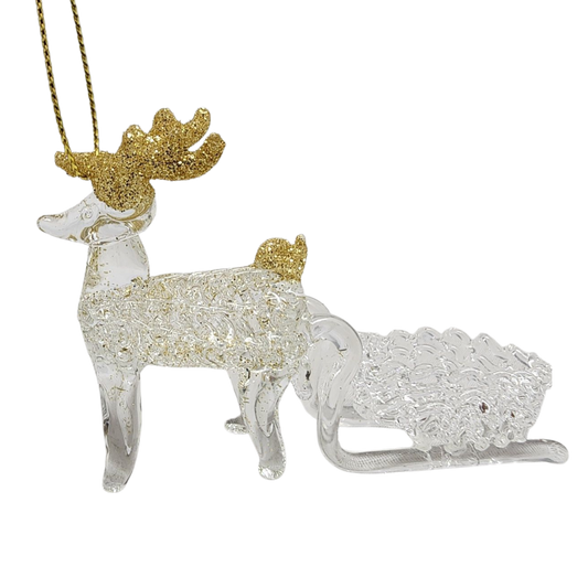 Spunglass Ornament - Gold Reindeer With Sleigh