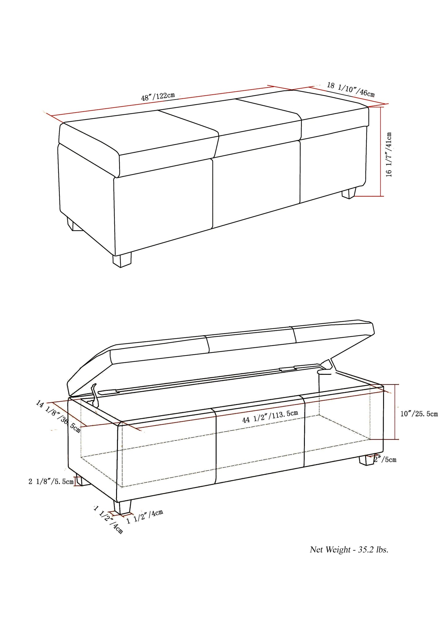 Avalon 48 Inch Wide Storage Ottoman Bench in Stone