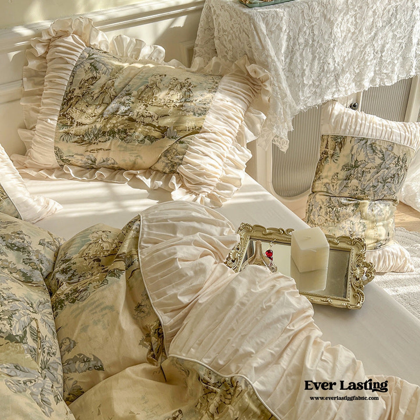 Victorian Inspired Antique Ruffle Bedding Set / Pink Gold