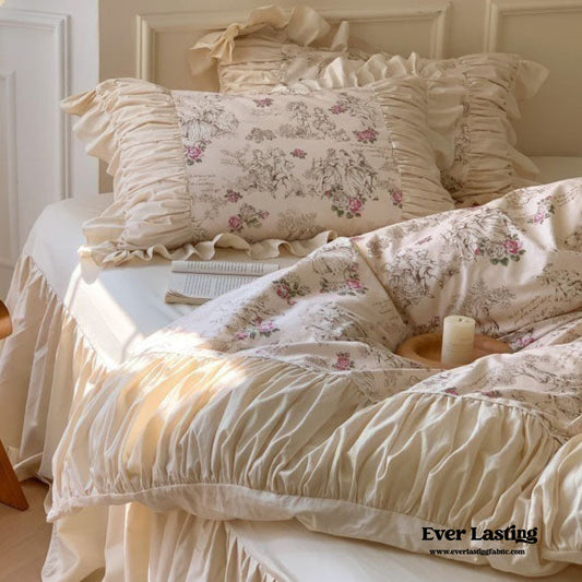 Victorian Inspired Antique Ruffle Bedding Set / Pink Gold
