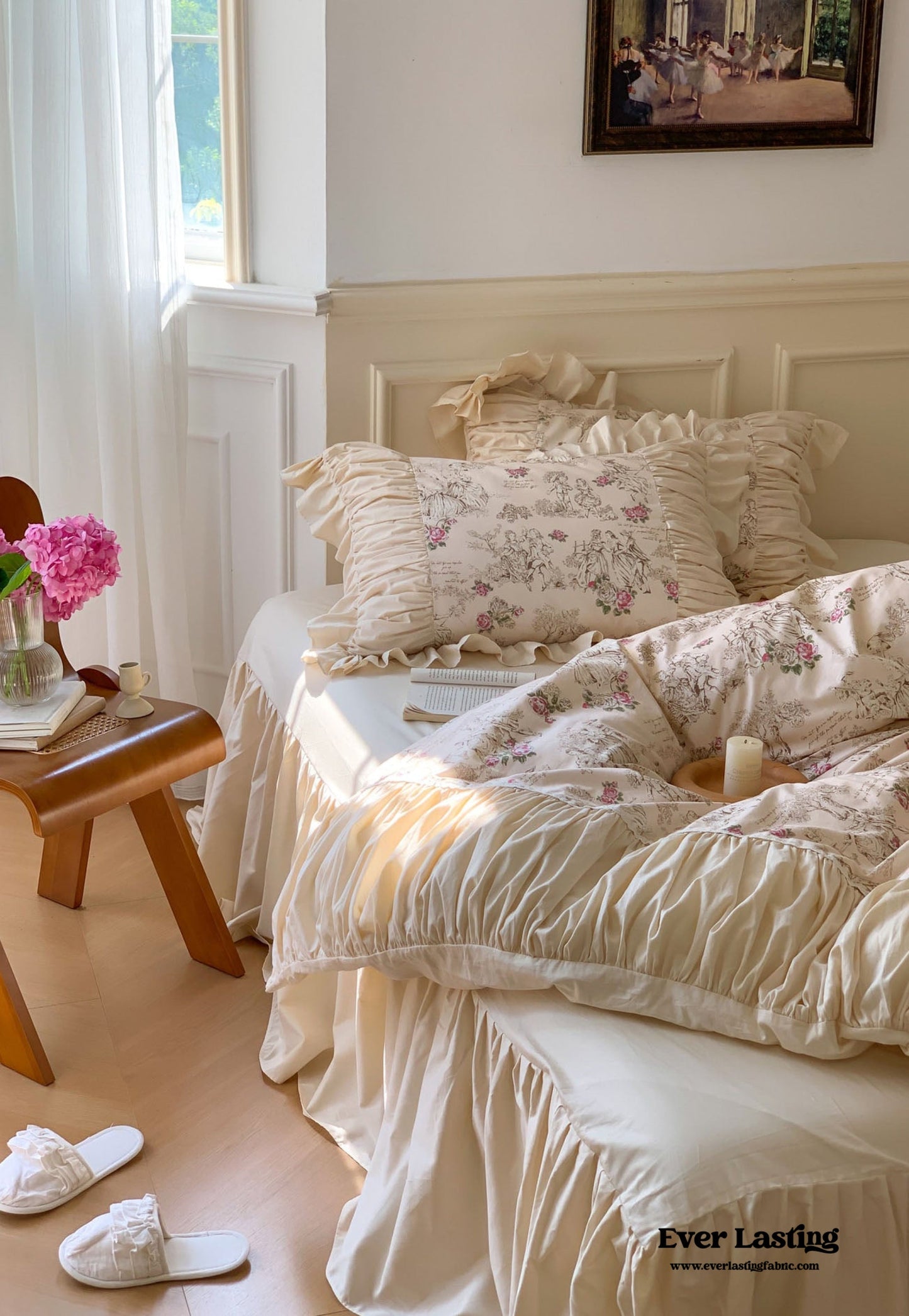 Victorian Inspired Antique Ruffle Bedding Set / Pink Gold