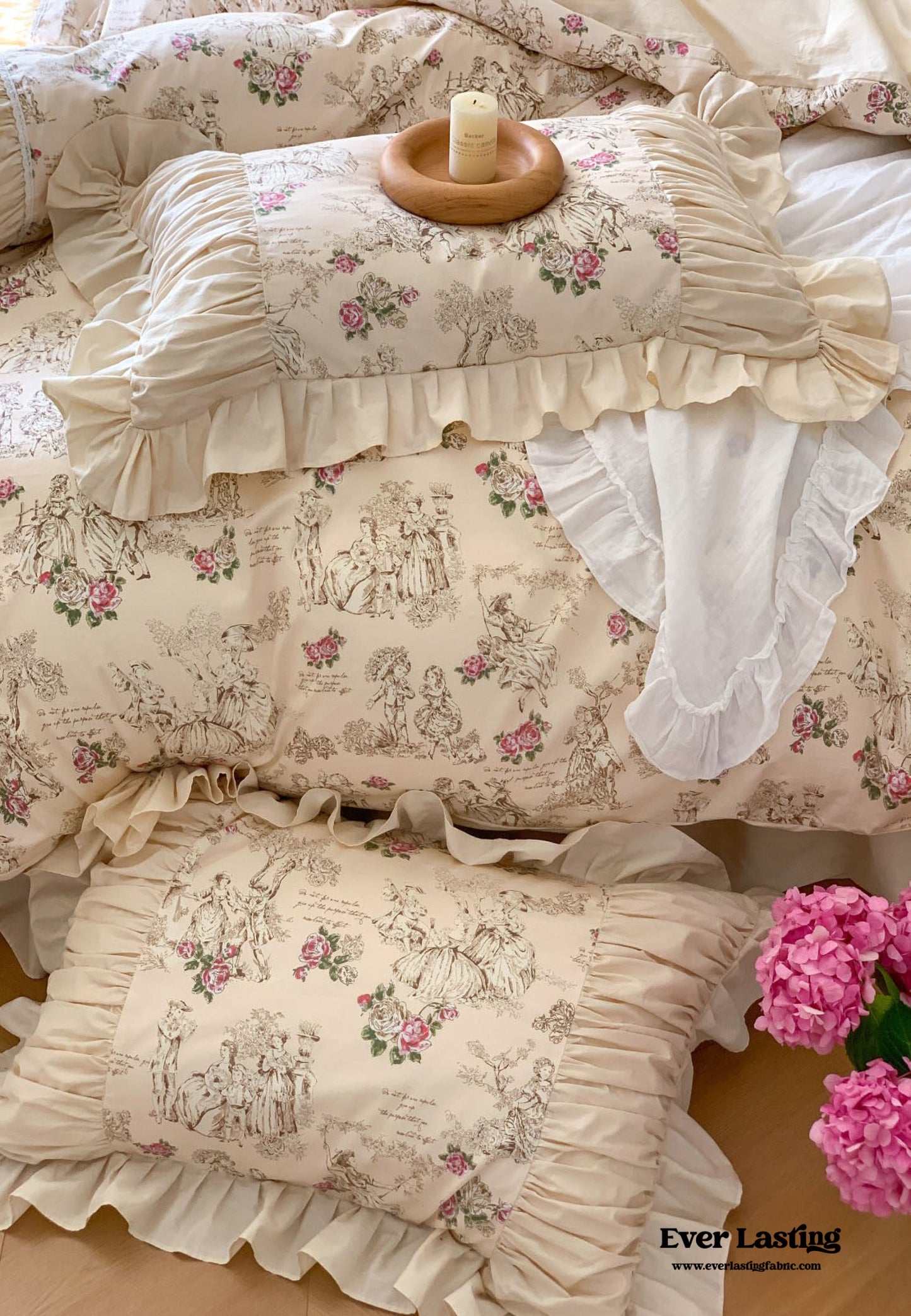 Victorian Inspired Antique Ruffle Bedding Set / Pink Gold