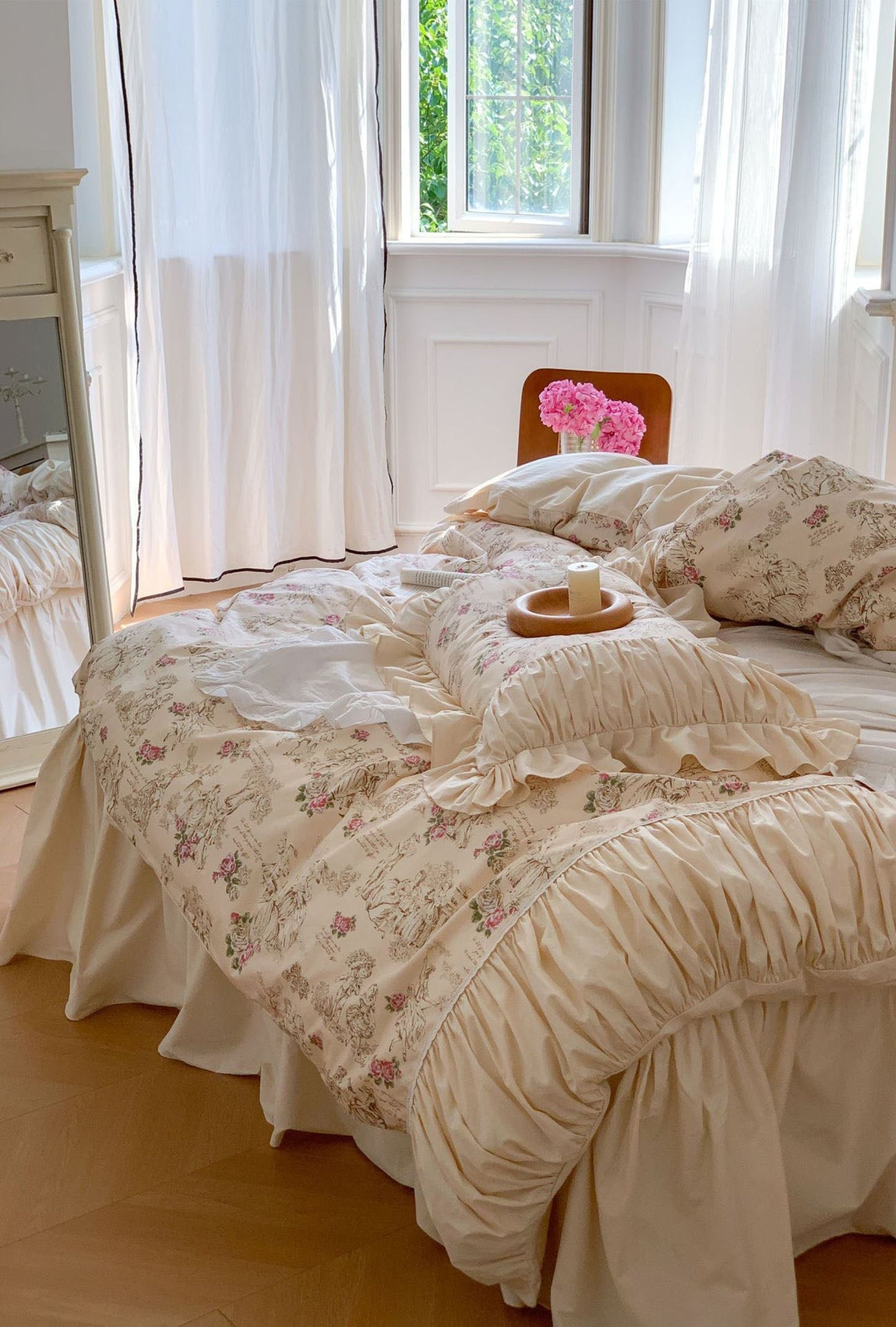 Victorian Inspired Antique Ruffle Bedding Set / Pink Gold