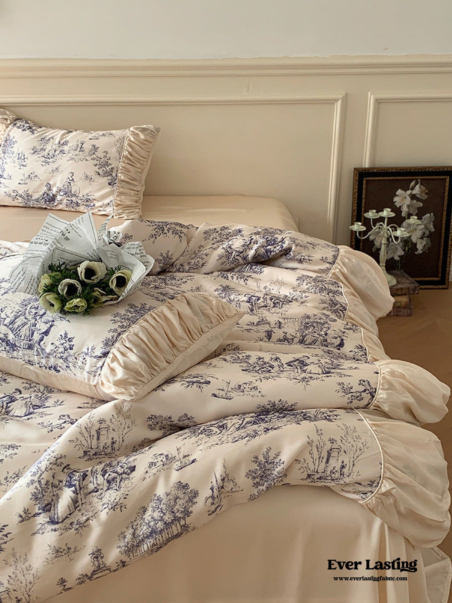 Victorian Inspired Ruffle Bedding Set / Rose Blue