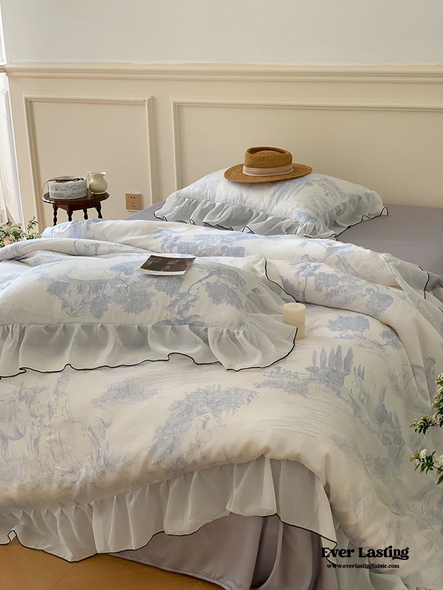 Victorian Inspired Soft Lace Ruffle Bedding Set / Blue