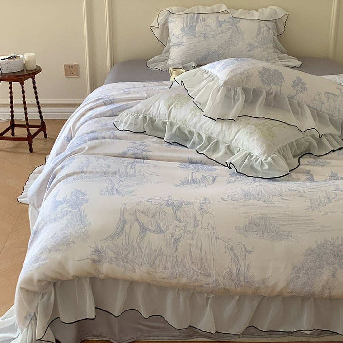 Victorian Inspired Soft Lace Ruffle Bedding Set / Blue