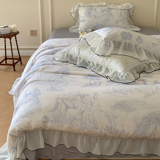 Victorian Inspired Soft Lace Ruffle Bedding Set / Blue