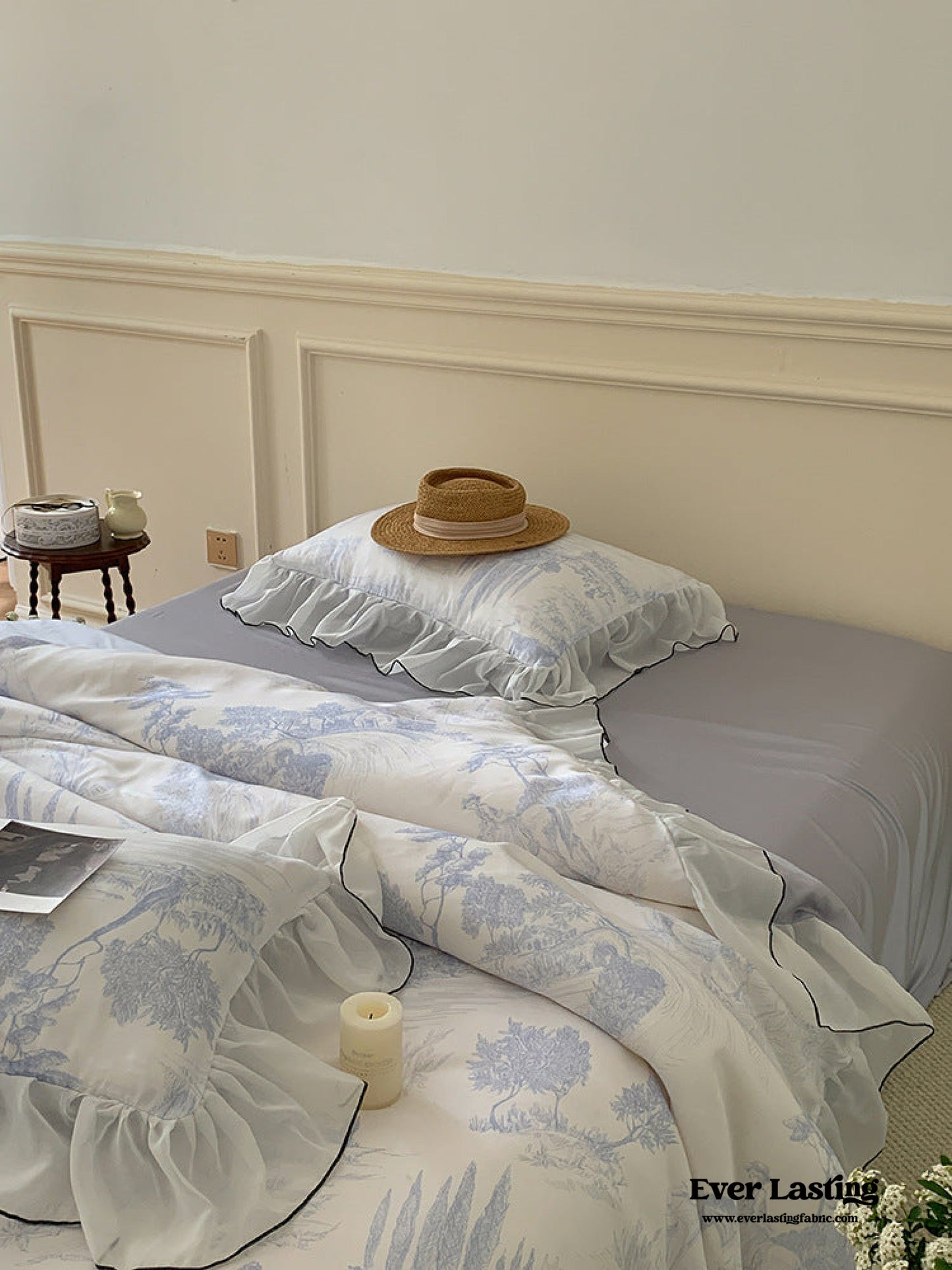 Victorian Inspired Soft Lace Ruffle Bedding Set / Gray