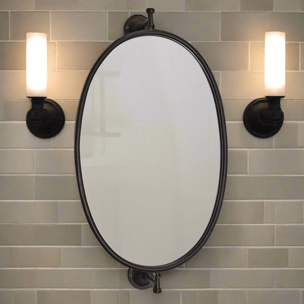 Vintage Bathroom Swivel Oval Wall Mirror with Black Metal Frame