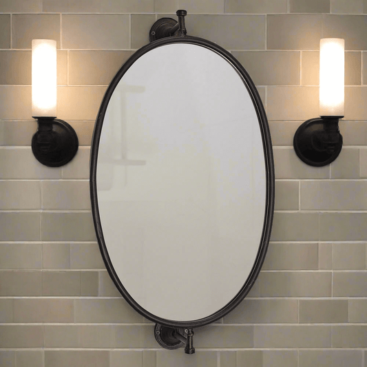 Vintage Bathroom Swivel Oval Wall Mirror with Black Metal Frame
