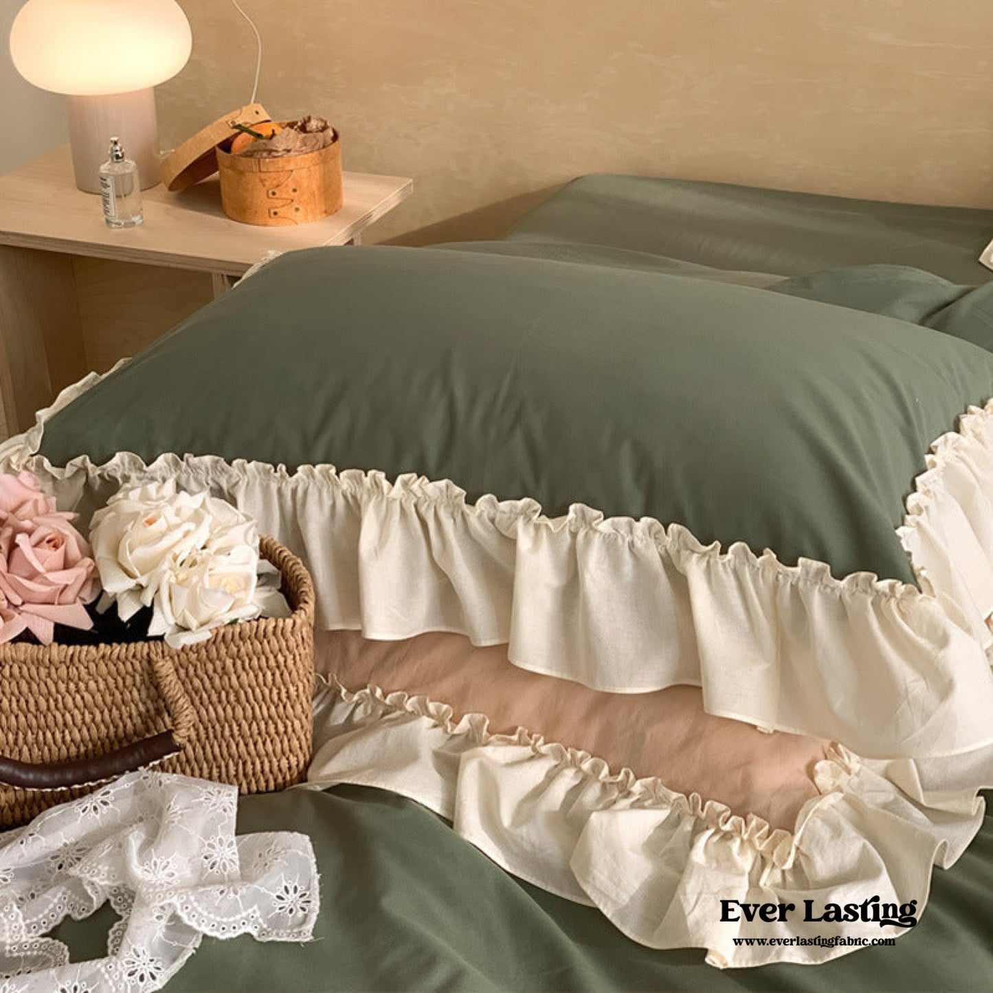 Vintage Earth Tone Large Ruffle Bedding Set / Light Blue