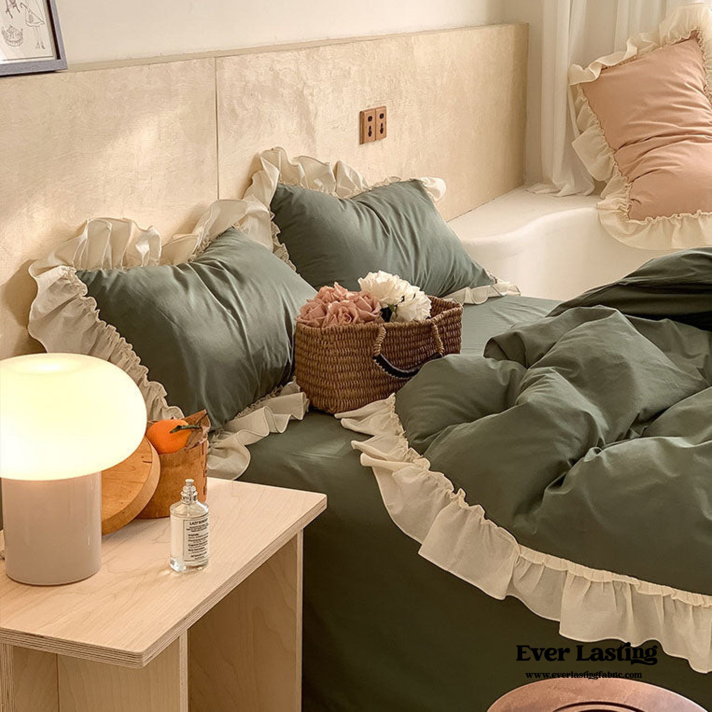 Vintage Earth Tone Large Ruffle Bedding Set / Light Blue