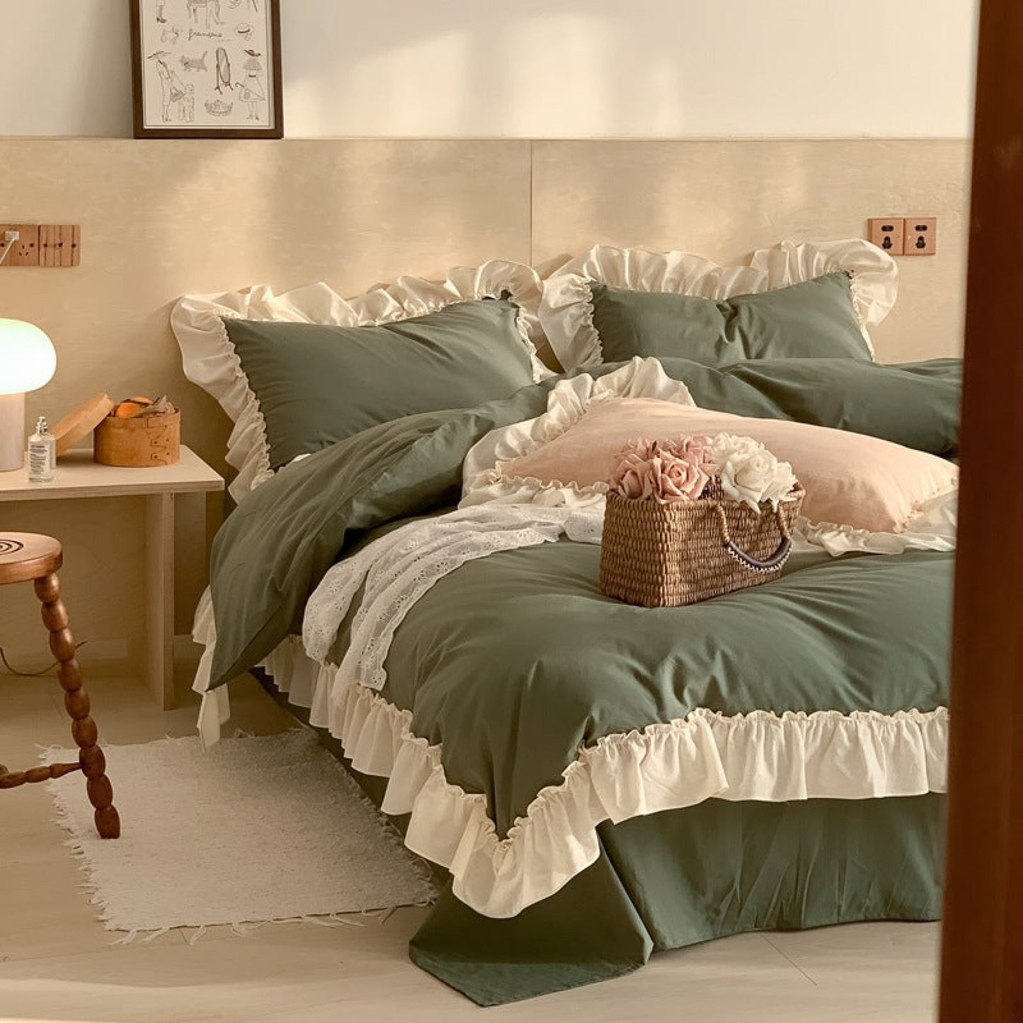 Vintage Earth Tone Large Ruffle Bedding Set / Olive Green