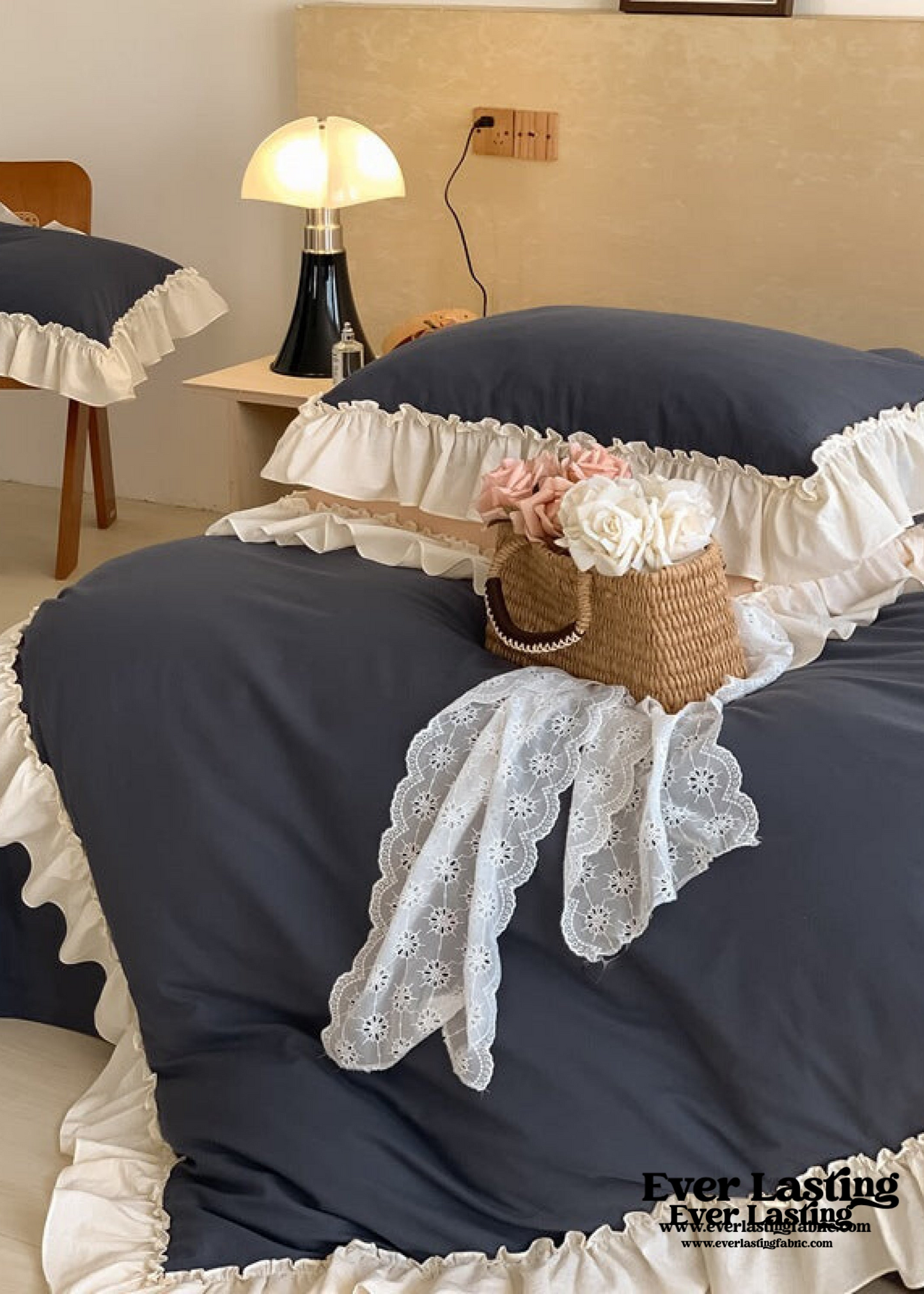 Vintage Earth Tone Large Ruffle Bedding Set / Royal Blue