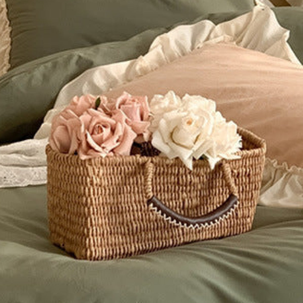 Vintage Earth Tone Large Ruffle Bedding Set / Olive Green