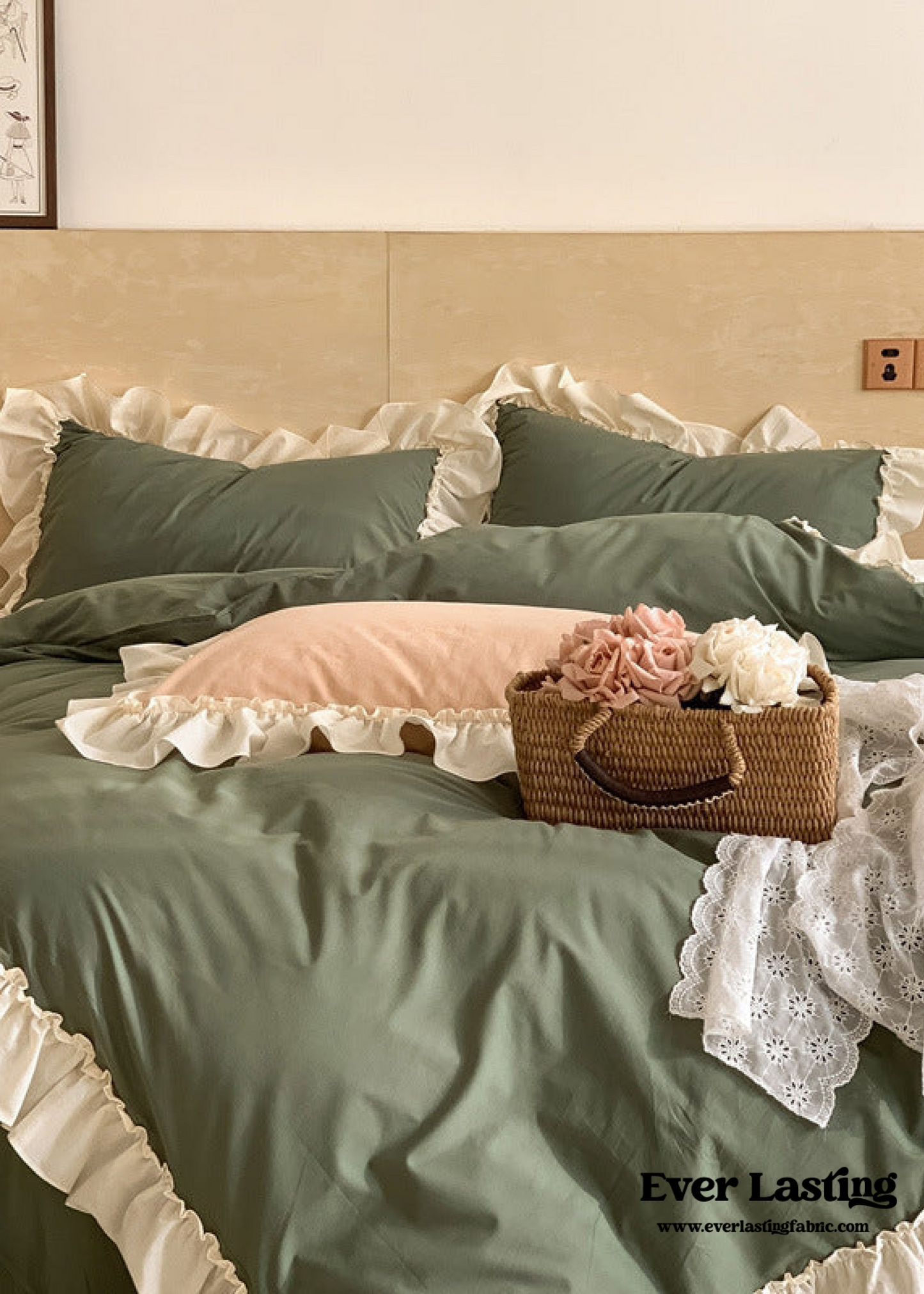 Vintage Earth Tone Large Ruffle Bedding Set / Moss Green