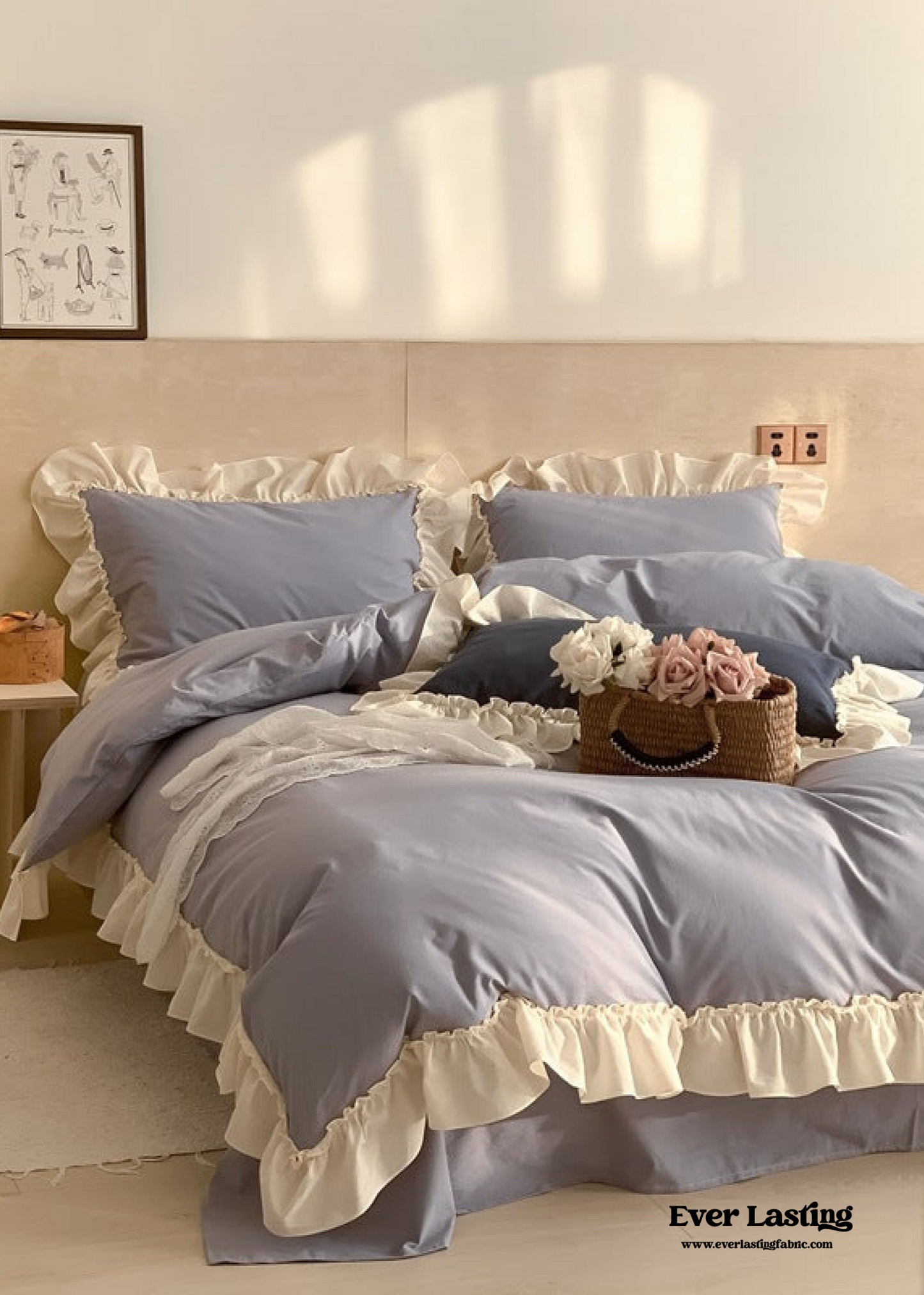 Vintage Earth Tone Large Ruffle Bedding Set / Royal Blue