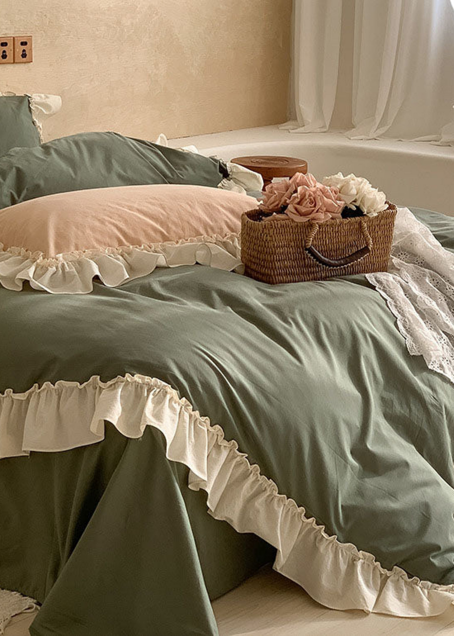 Vintage Earth Tone Large Ruffle Bedding Set / Light Blue