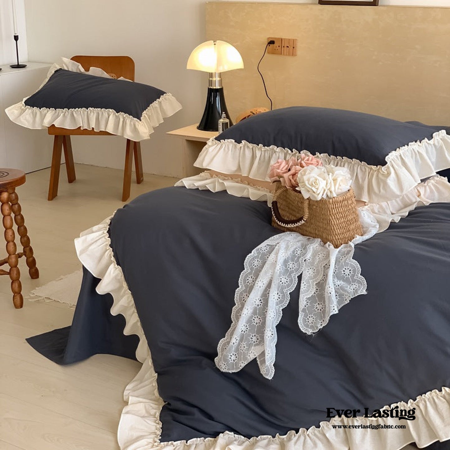 Vintage Earth Tone Large Ruffle Bedding Set / Royal Blue
