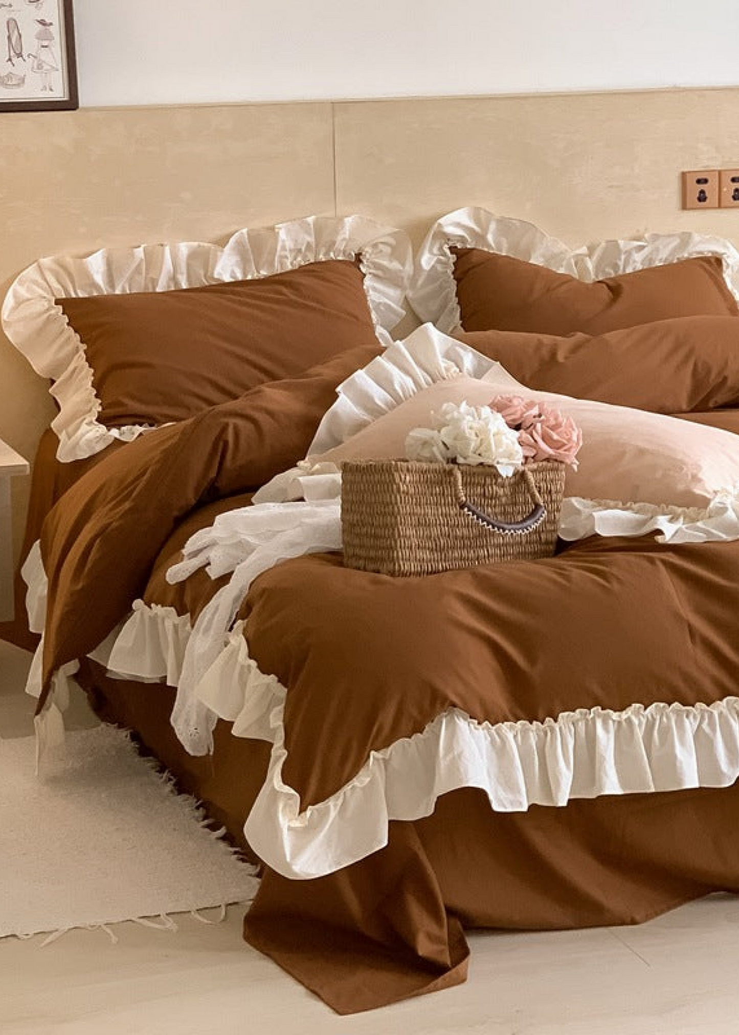 Vintage Earth Tone Large Ruffle Bedding Set / Moss Green