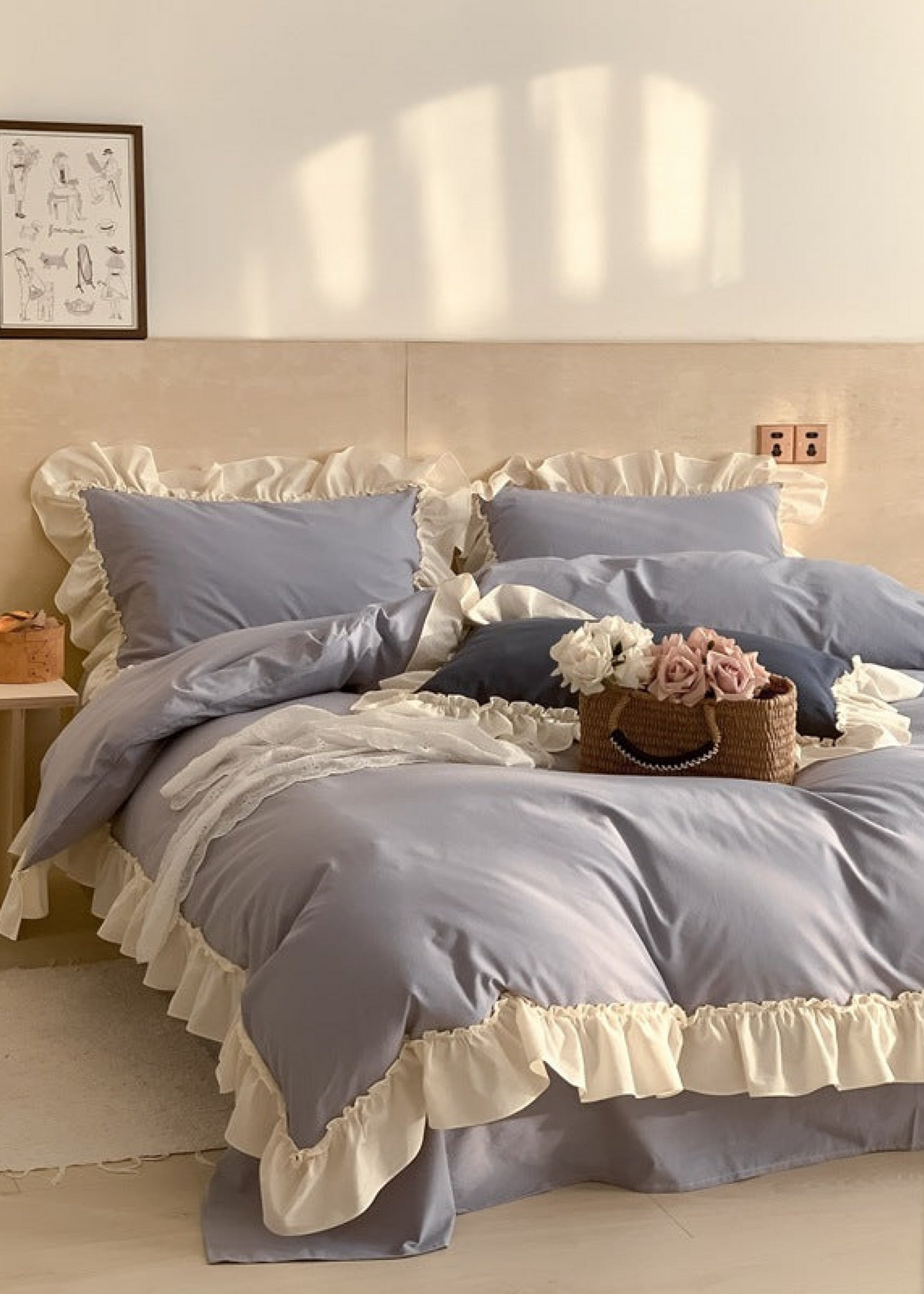 Vintage Earth Tone Large Ruffle Bedding Set / Royal Blue