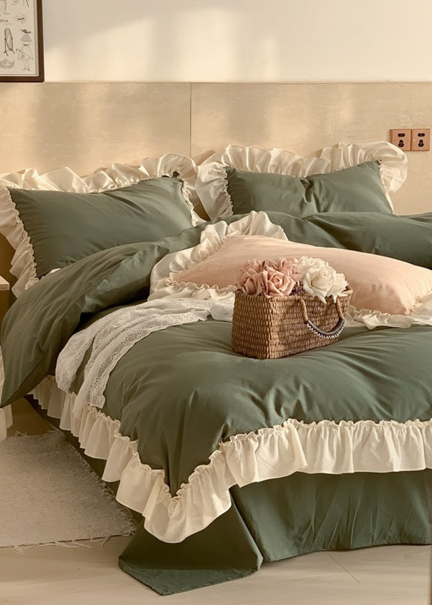 Vintage Earth Tone Large Ruffle Bedding Set / Pink