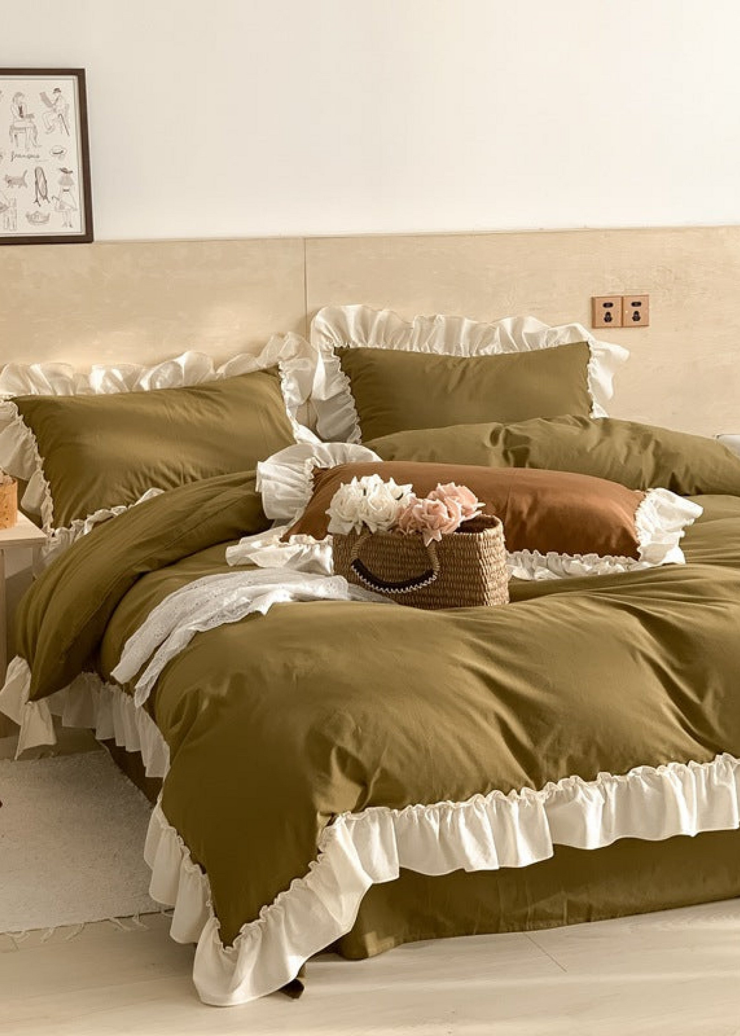 Vintage Earth Tone Large Ruffle Bedding Set / Olive Green