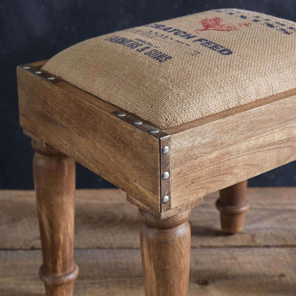 Vintage Farmhouse Grain Sack Footstool