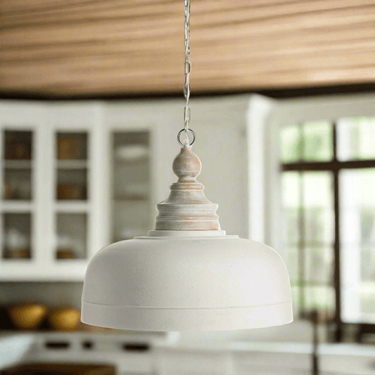 Vintage Farmhouse White Dome Pendant Light with Wood Finial