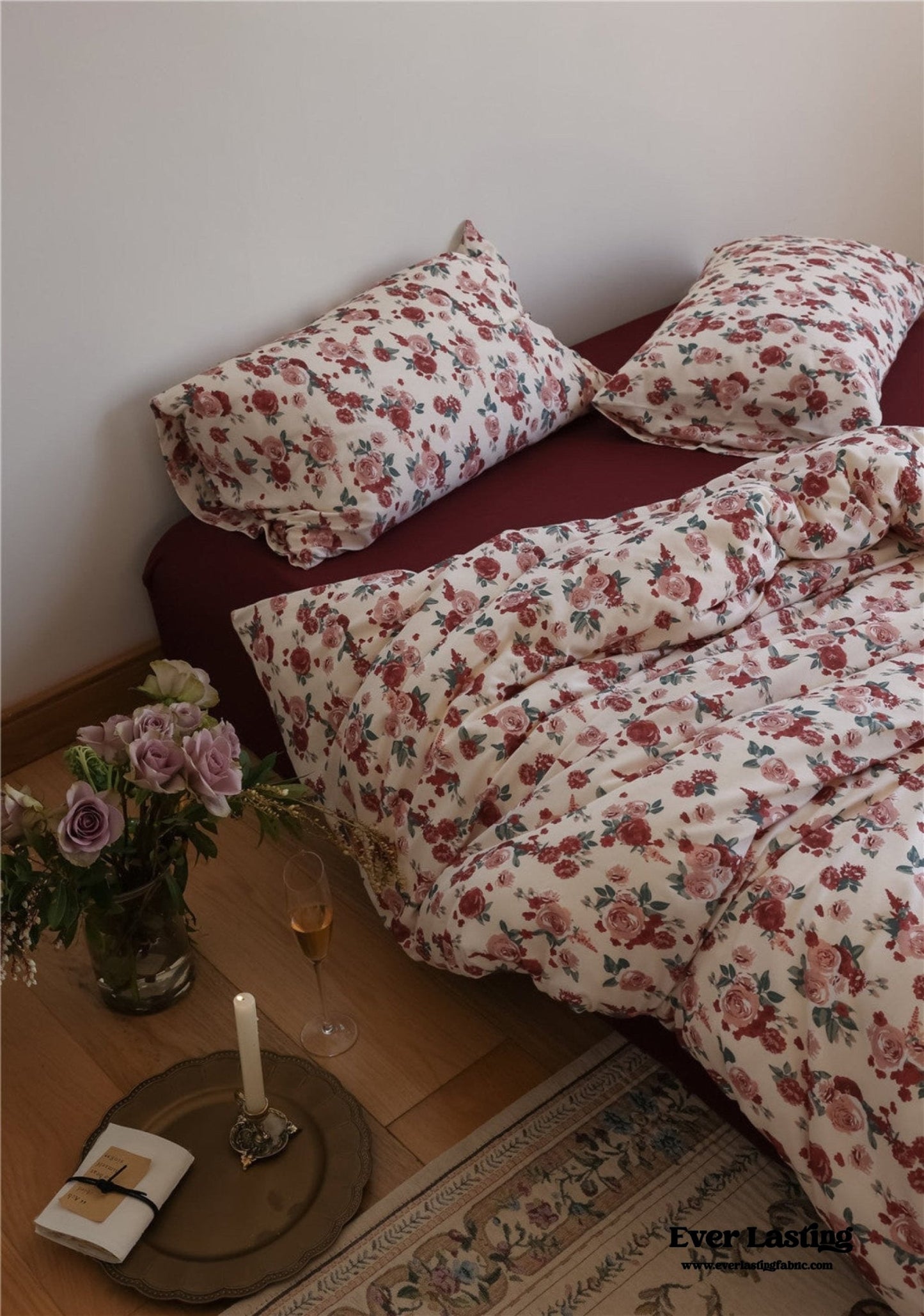 Vintage Floral Jersey Knit Bedding Set / Maroon Red